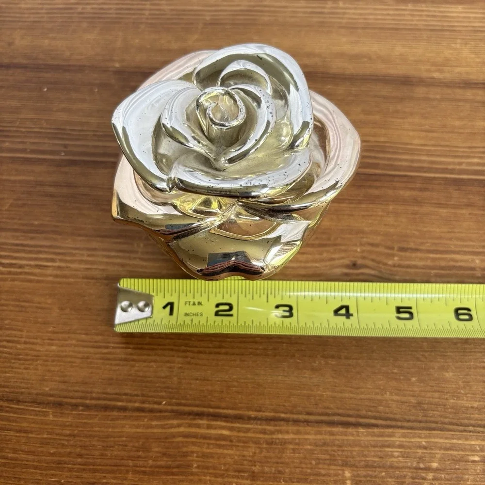 Silver Tone Rose Trinket Box Velvet Lined Jewelry Keepsake Box Floral Decor